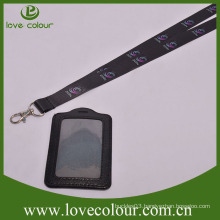 Cheap custom print black leather badge holder lanyard